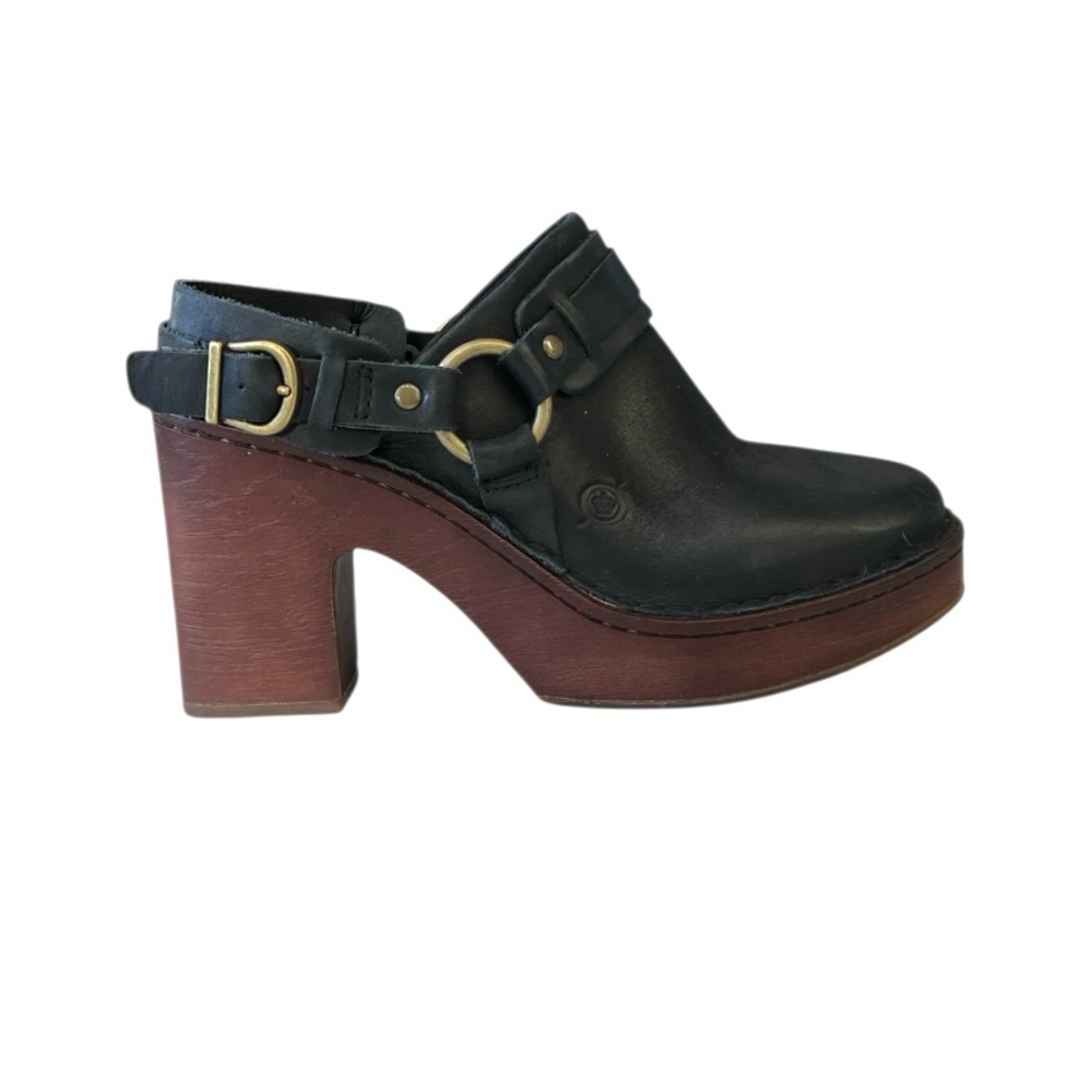 Born Hudson Sling Back Heeled Clogs in Black leather Y2K 90s Buckle 6M